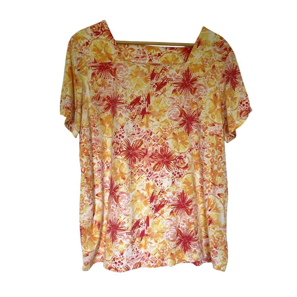 Coral Bay red and yellow floral cotton square neckline shirt women's size XL